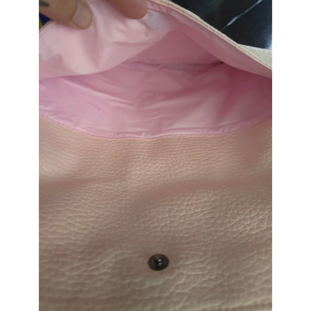 Women's Pastel Pink Pebble Faux Leather Foldover Clutch Brown Geo Accent Summer